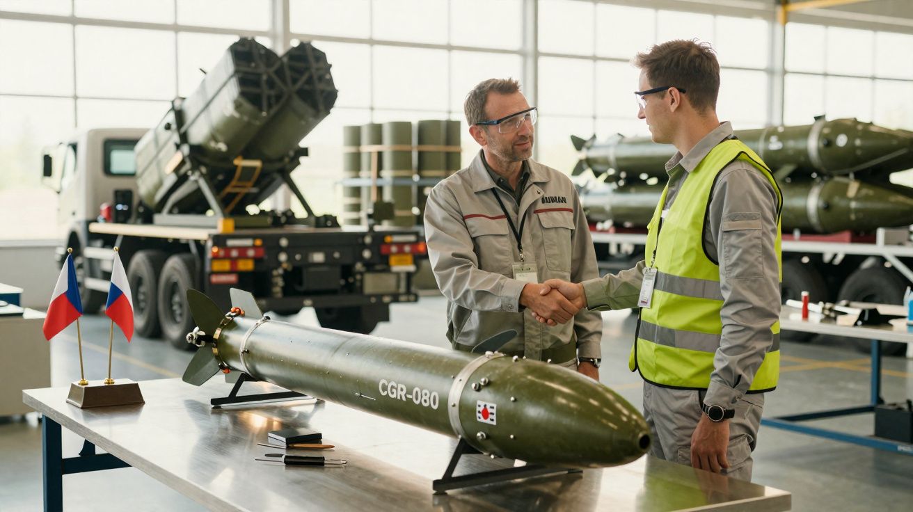 Dois homens de segurança apertando as mãos ao lado de um míssil em uma fábrica militar.