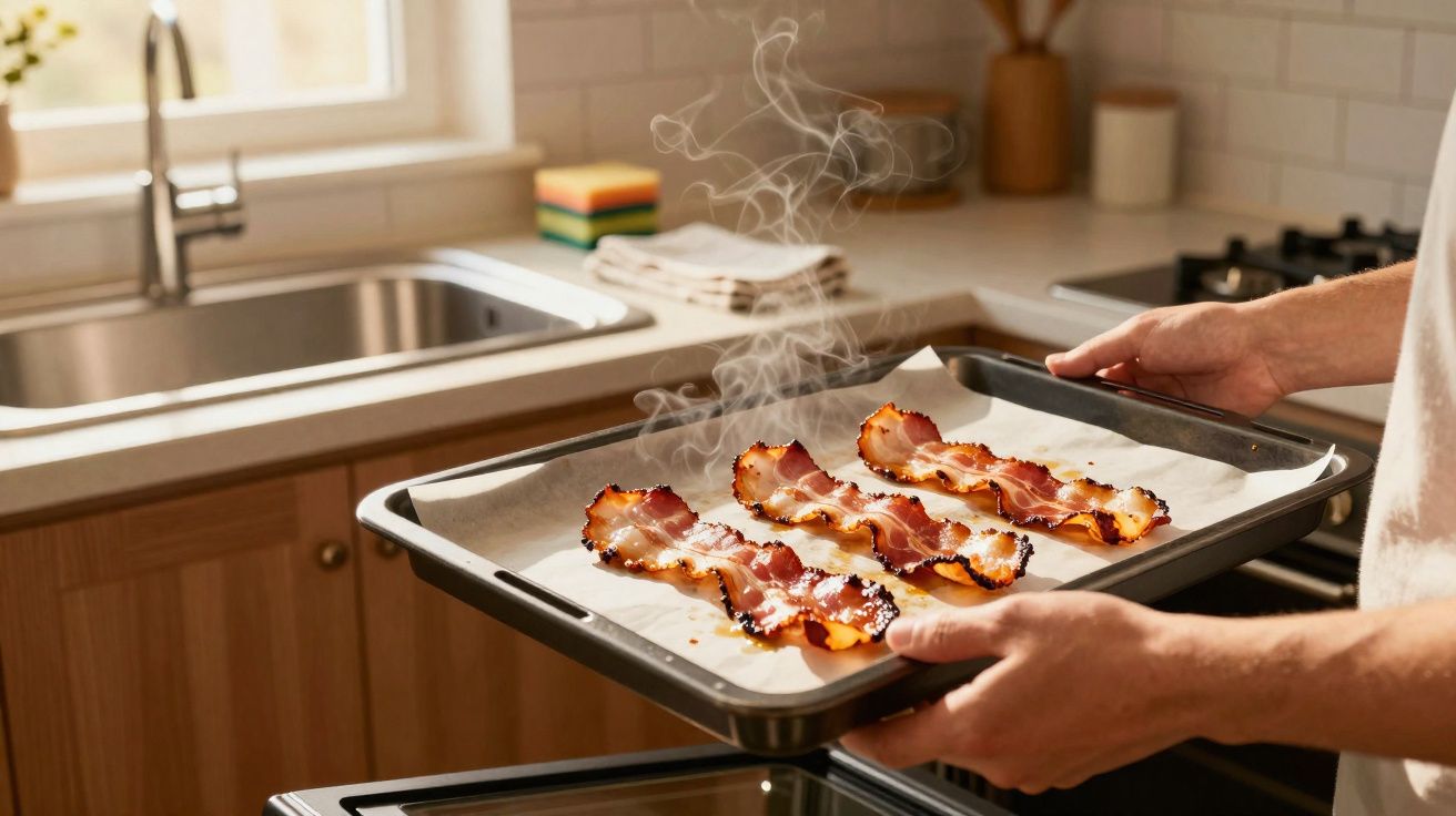 Pessoa segurando assadeira com fatias de bacon fumegante na cozinha moderna.