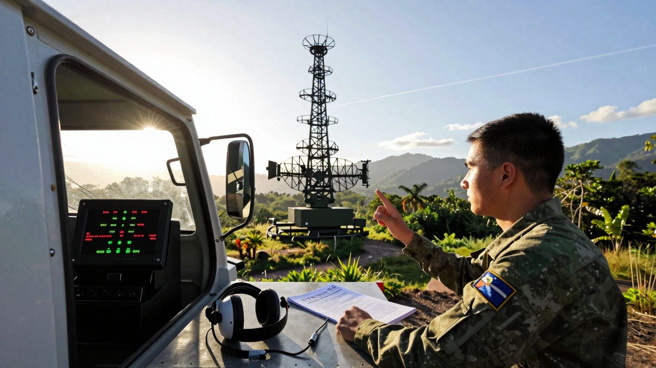 Militar em uniforme observa torre de radar ao ar livre, com documentos e equipamentos sobre mesa metálica.