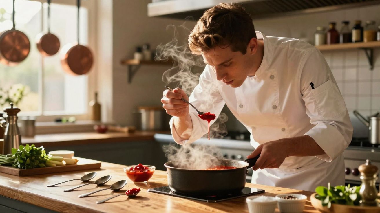 Chef provando molho vermelho fumegante em panela na cozinha moderna.