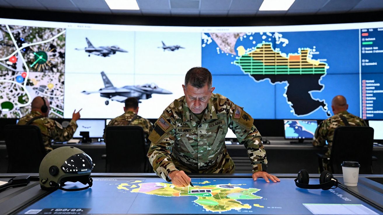Militares em sala de comando analisam mapas digitais e imagens de jatos em telões grandes na parede.