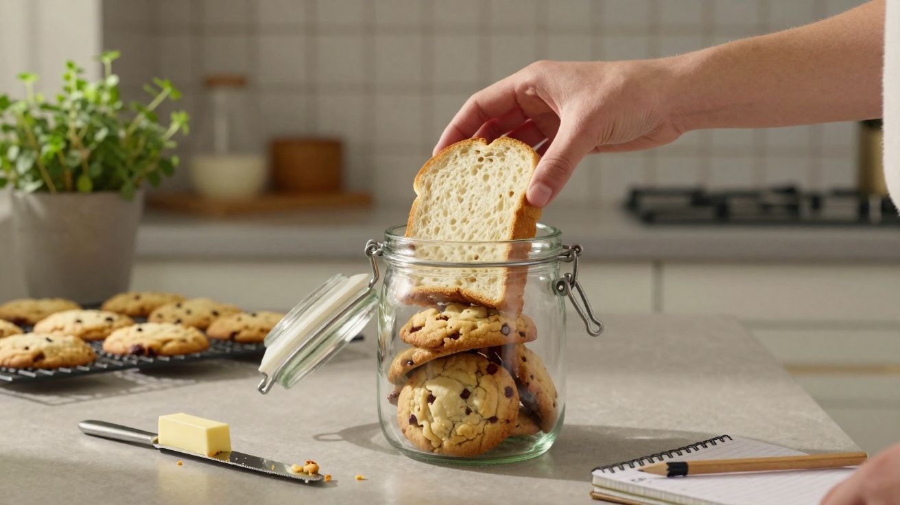 Mão colocando fatia de pão em pote com cookies de chocolate em bancada de cozinha iluminada.