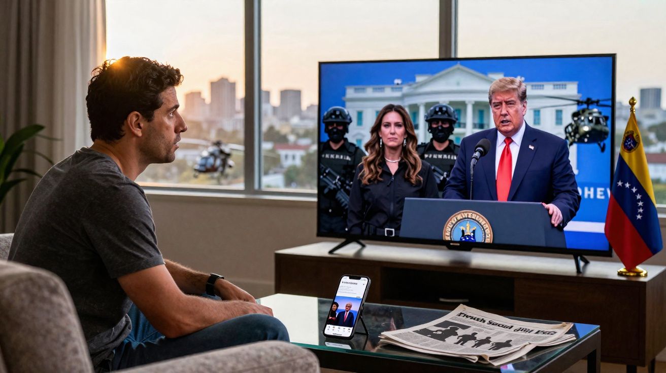 Homem sentado em sala assiste a discurso político de Donald Trump na TV com jornal na mesa à frente.