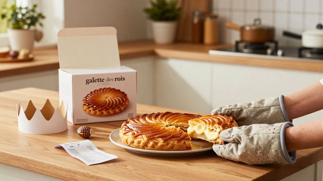 Pessoa com luvas retira fatia de galette des rois em prato sobre mesa de cozinha.