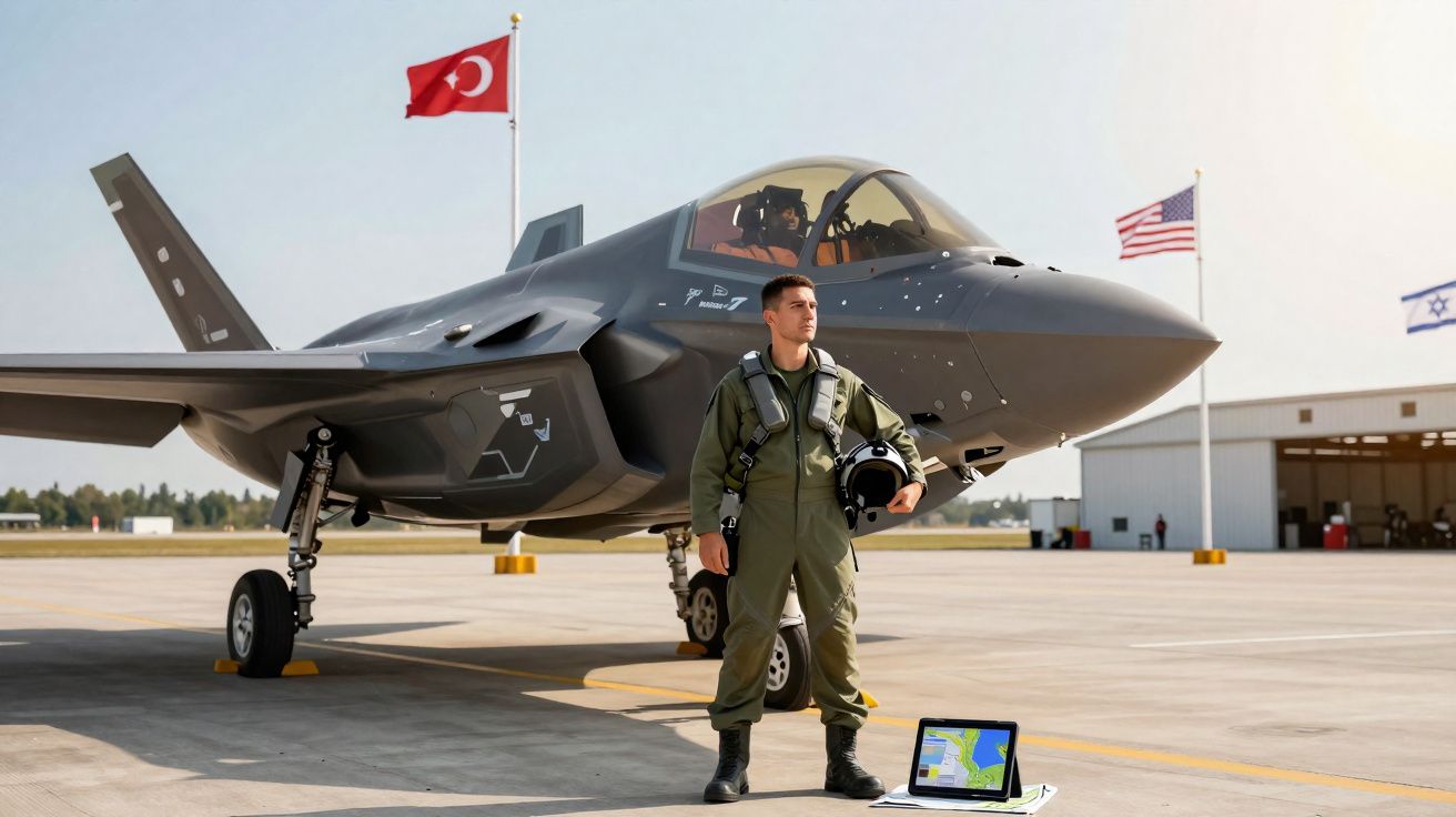 Piloto militar em uniforme verde em pé ao lado de caça furtivo cinza estacionado em pista com bandeiras ao fundo.
