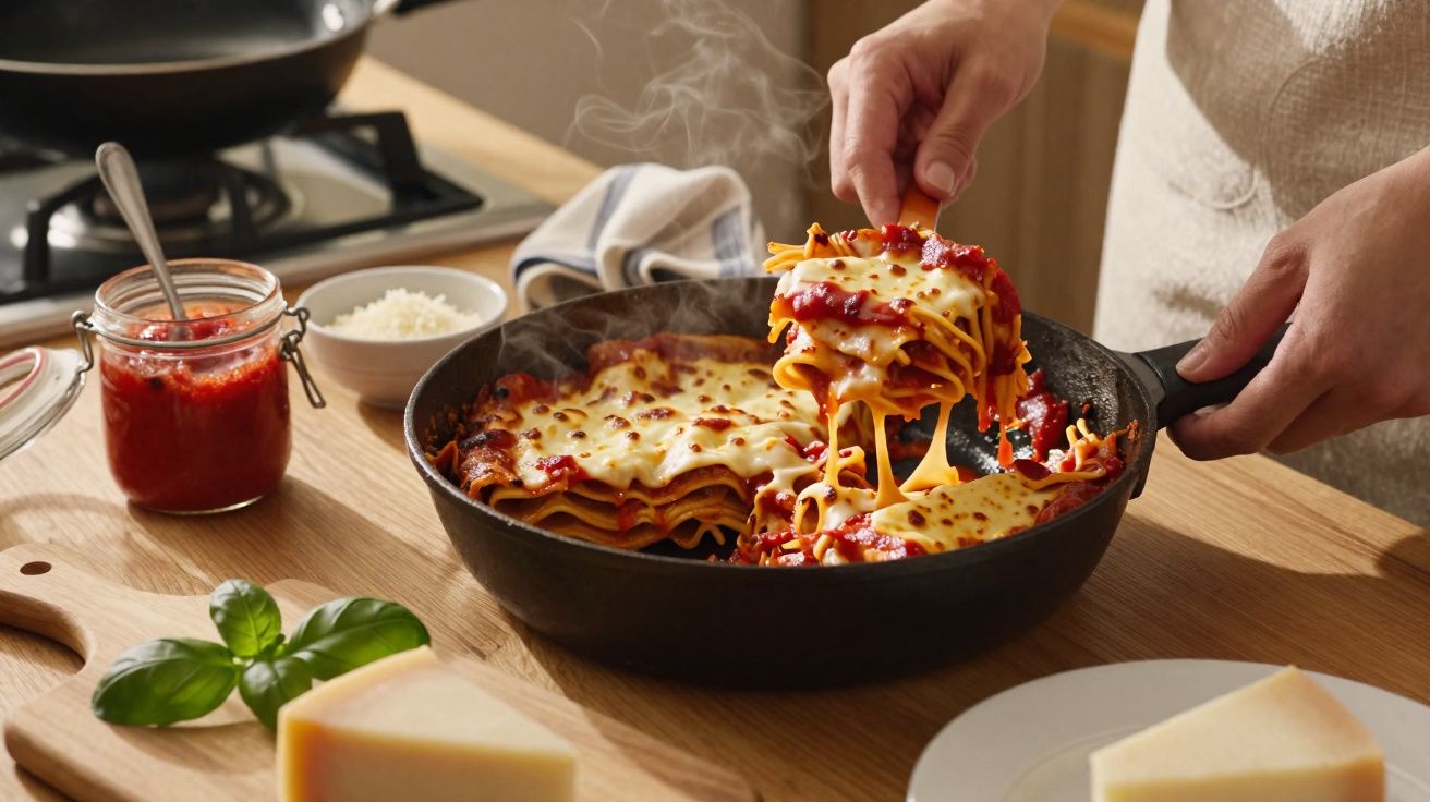 Pessoa servindo lasanha quente com queijo derretido em frigideira na bancada da cozinha.