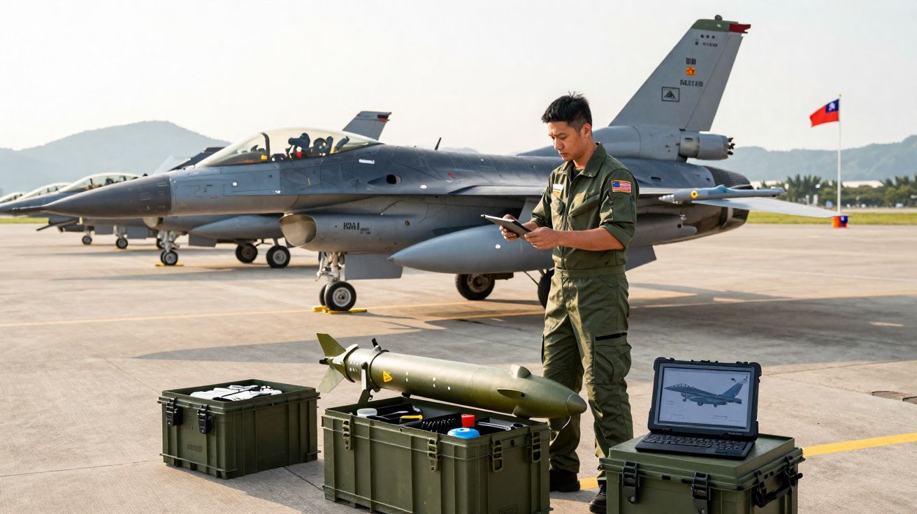 Militar ao lado de aeronave de combate e equipamentos militares em pista de aeroporto com montanhas ao fundo.