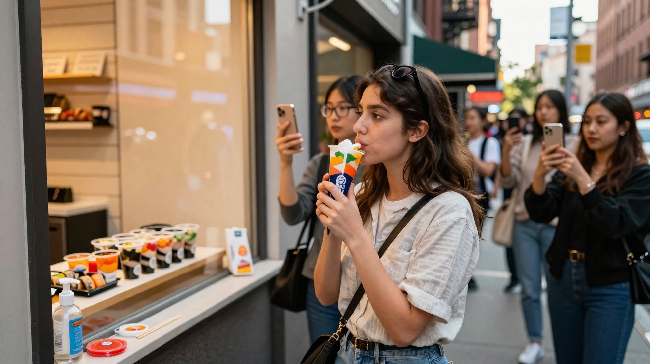 Jovem mulher com camiseta branca comendo sorvete na rua enquanto pessoas ao fundo tiram fotos com celulares.