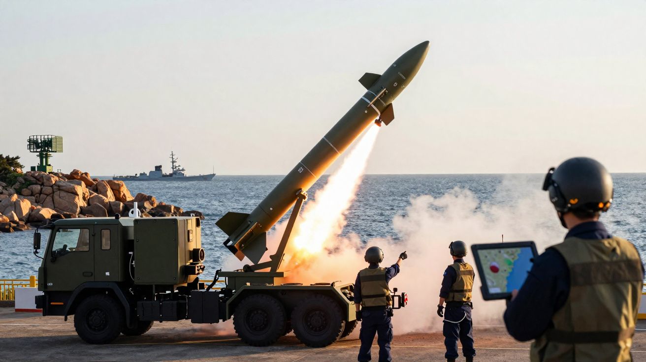 Míssil militar sendo lançado de caminhão perto do mar com três soldados acompanhando a operação.