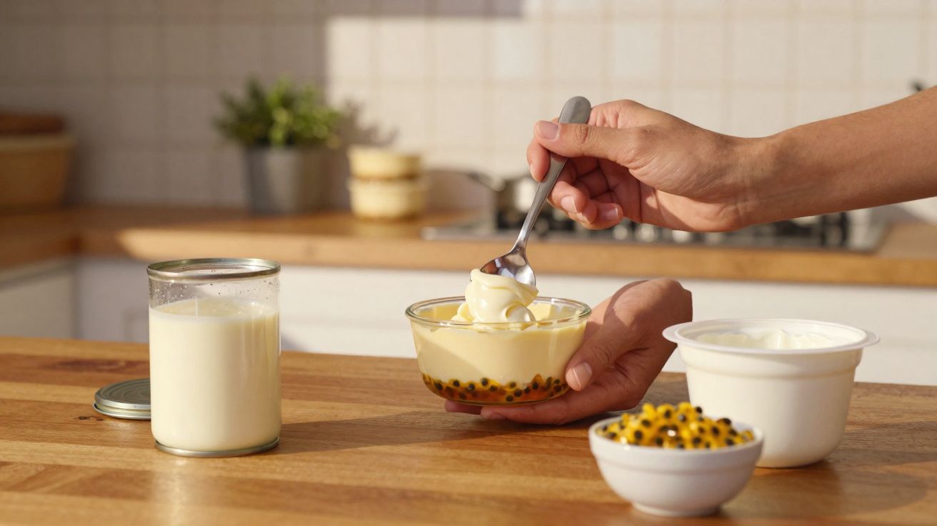 Mãos seguram pote de vidro com creme e maracujá, ao lado de pote aberto de iogurte e vidro com leite.