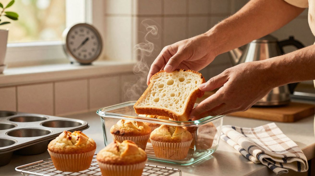 Mãos colocando fatia de pão quente em recipiente de vidro com cupcakes assados sobre bancada.