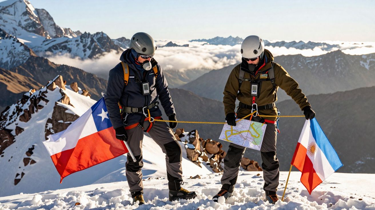 Dois alpinistas com equipamentos de segurança seguram bandeiras do Chile e da Argentina no cume nevado.