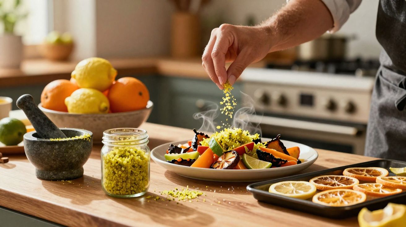 Pessoa salpicando tempero amarelo em um prato de legumes frescos em cozinha moderna.