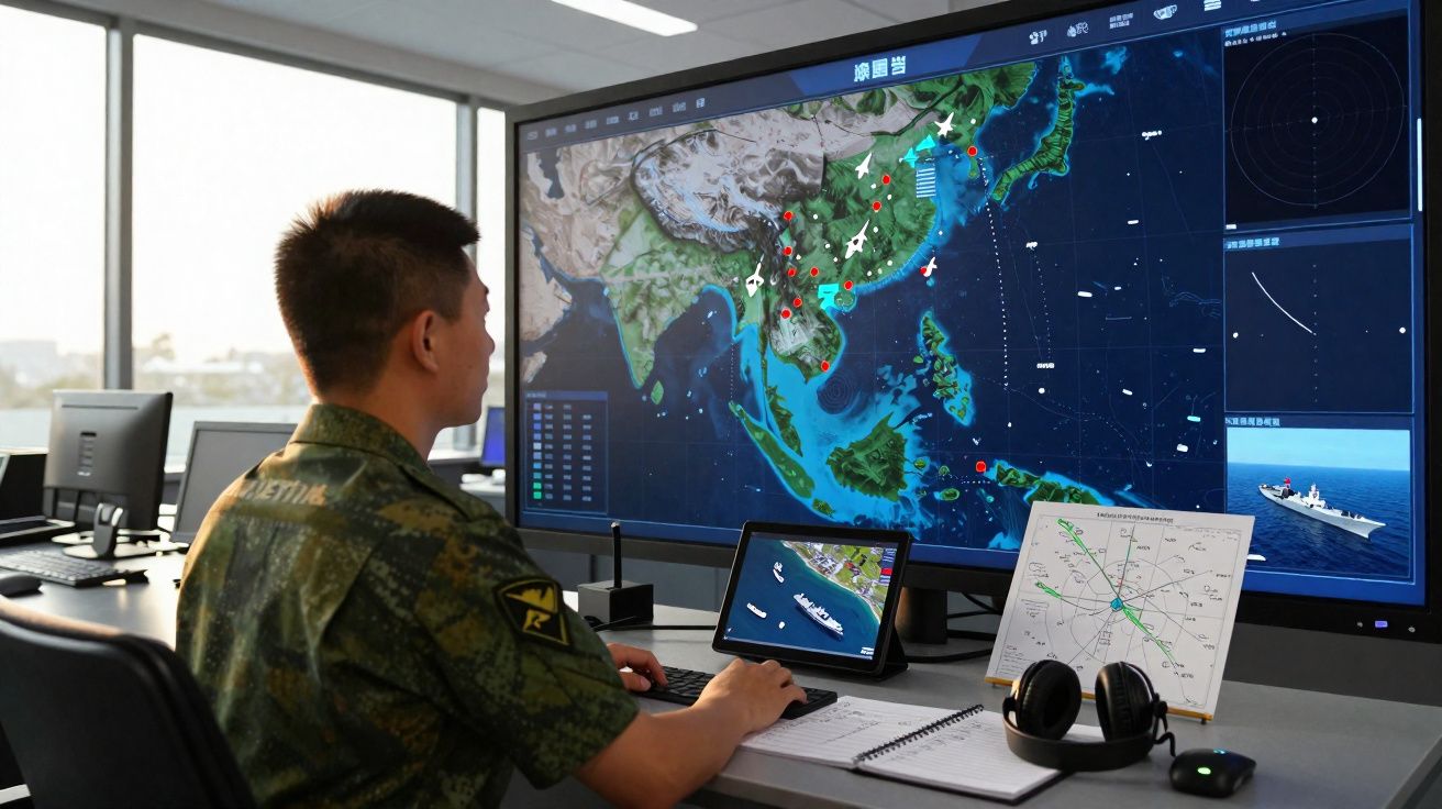 Militar chinês observa mapa digital sênior de rotas e navios em sala de controle de operações.