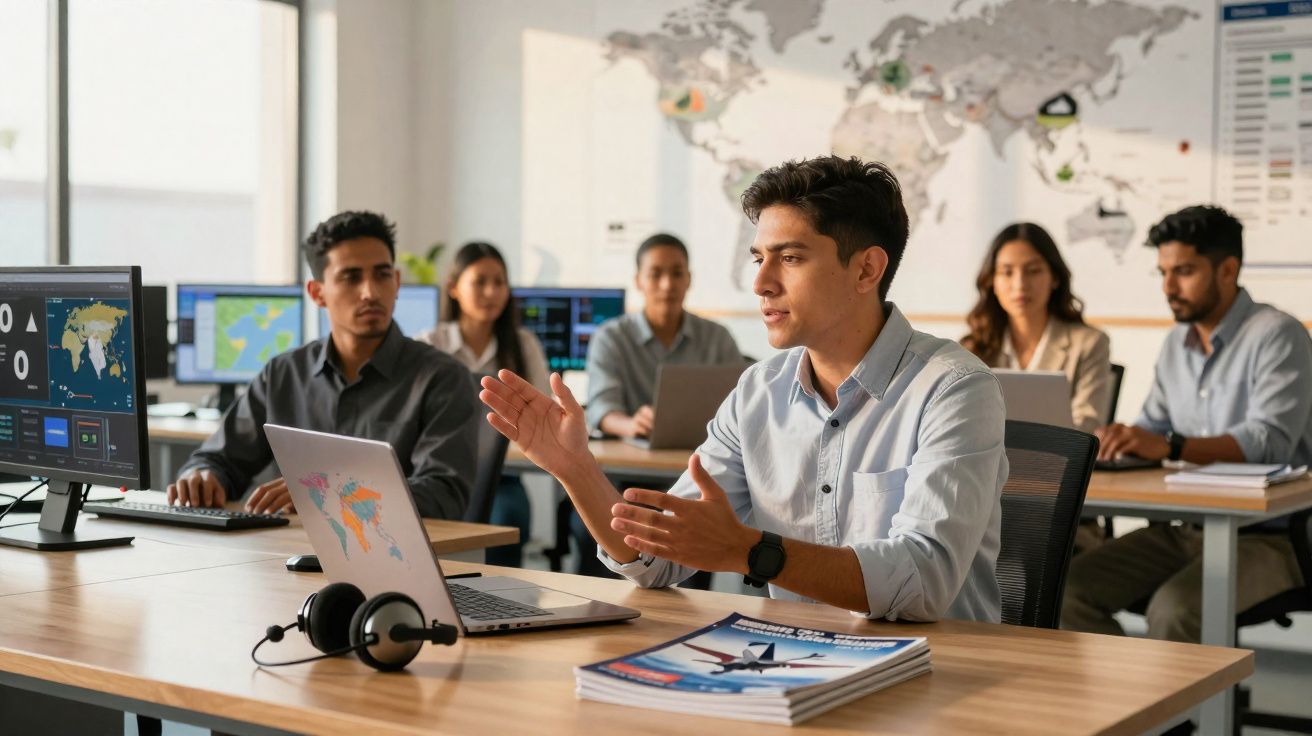 Jovem apresenta projeto em sala de aula com mapa mundial ao fundo e colegas atentos ao redor.