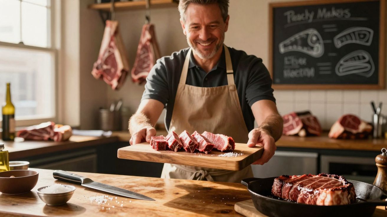 Homem sorridente segurando tábua com carne cortada em cozinha rústica de açougue.