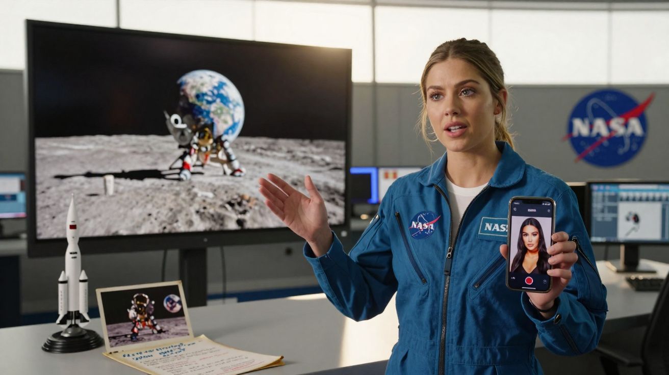 Mulher com macacão da NASA segura celular e explica missão lunar com computador e maquetes ao fundo.