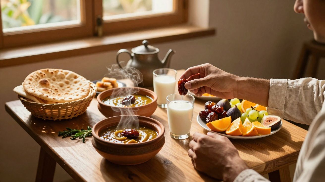 Pessoa comendo tâmaras, com sopa fumegante, pão achatado, frutas e copos de leite sobre mesa de madeira.