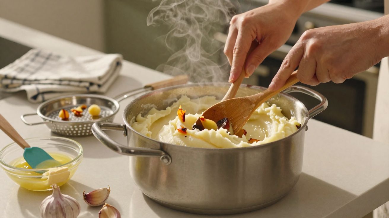 Pessoa mexendo purê de batatas quente em panela de inox com utensílios de madeira na cozinha.