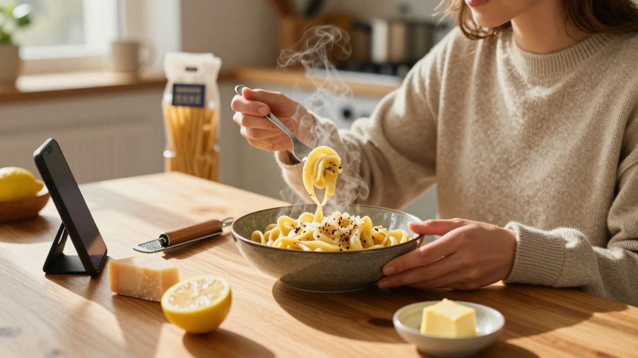 Pessoa segurando prato com macarrão quente fumegante em mesa com queijo, limão e manteiga.