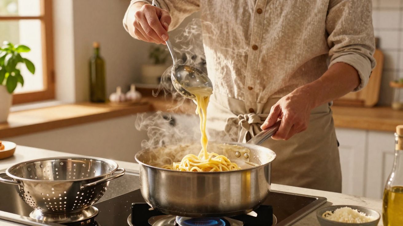Pessoa cozinhando macarrão fervente em panela de aço inox sobre fogão a gás em cozinha iluminada.