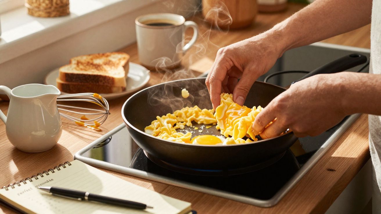 Mãos preparando café da manhã com ovos e massa na frigideira, torradas e café na bancada da cozinha.