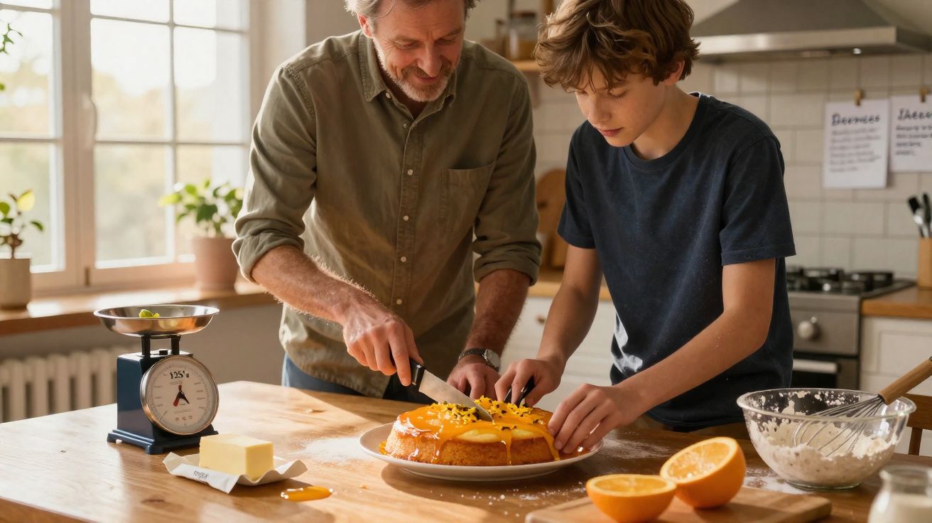 Homem e garoto cortam bolo na cozinha ensolarada com ingredientes à mesa.