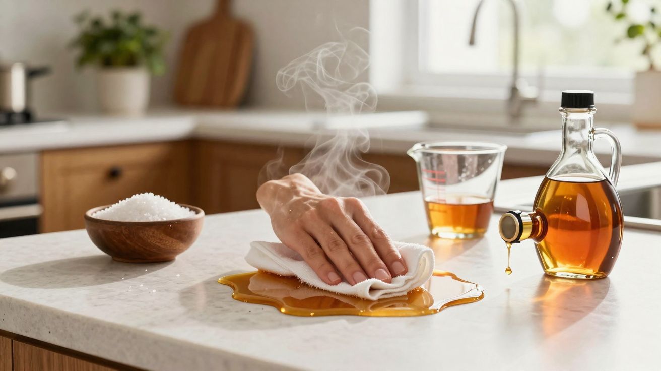 mão limpando líquido quente derramado em bancada de cozinha com pano branco, ao lado um pote de mel e um pote de sal