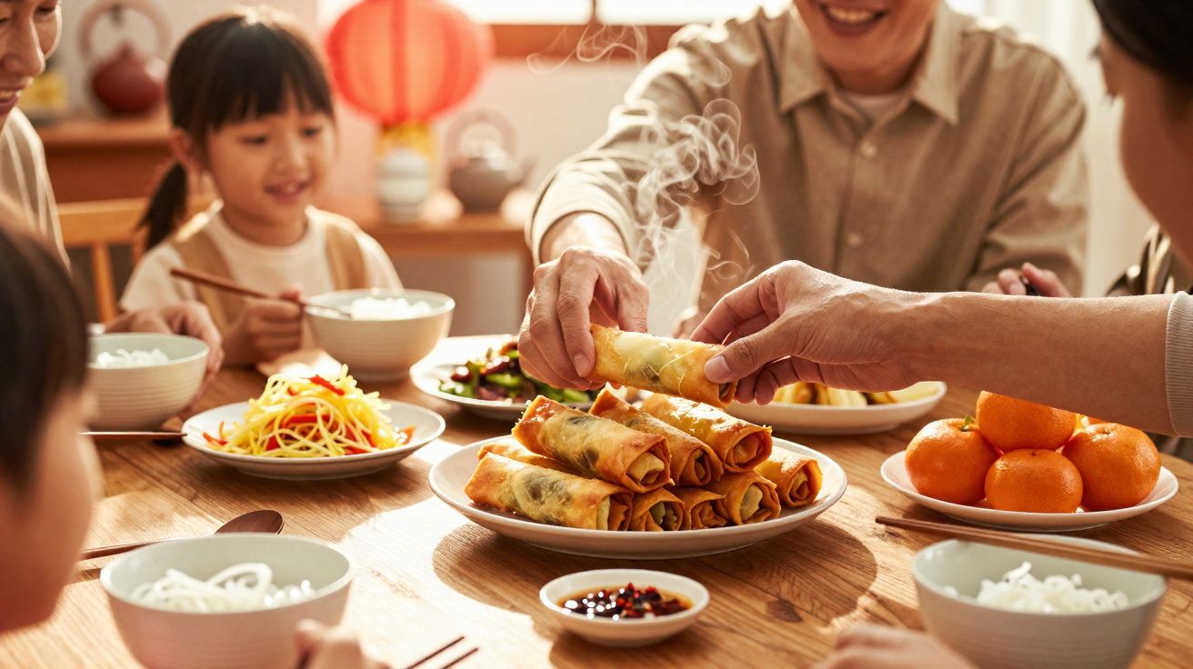 Família sorridente compartilhando rolinhos primavera e pratos asiáticos em mesa de madeira.