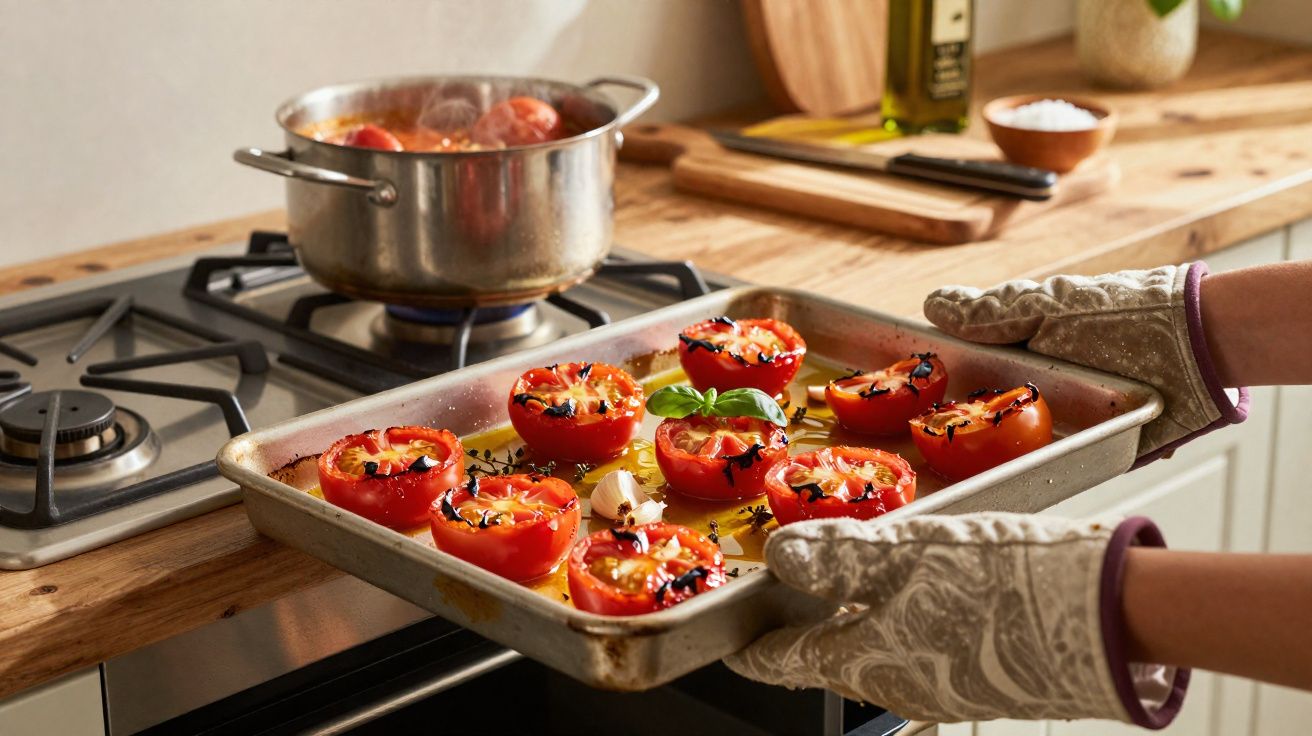 Pessoa com luvas retirando assadeira com tomates assados do forno em cozinha doméstica.