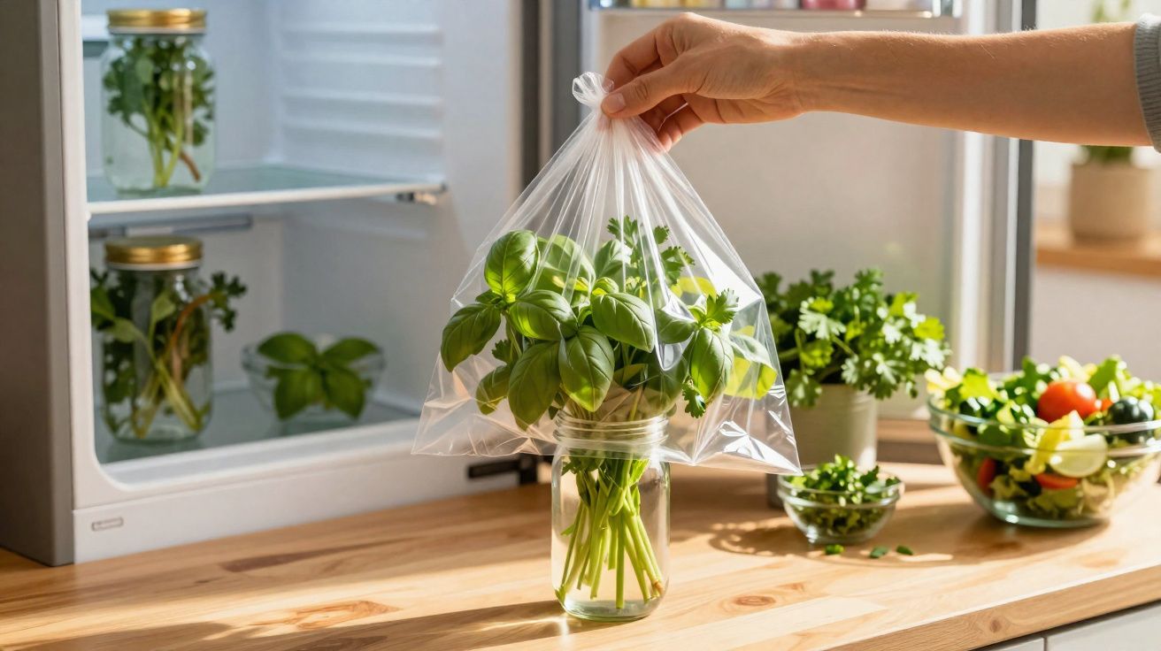 Pessoa cobrindo pote com ervas frescas usando saco plástico transparente em bancada de cozinha iluminada.