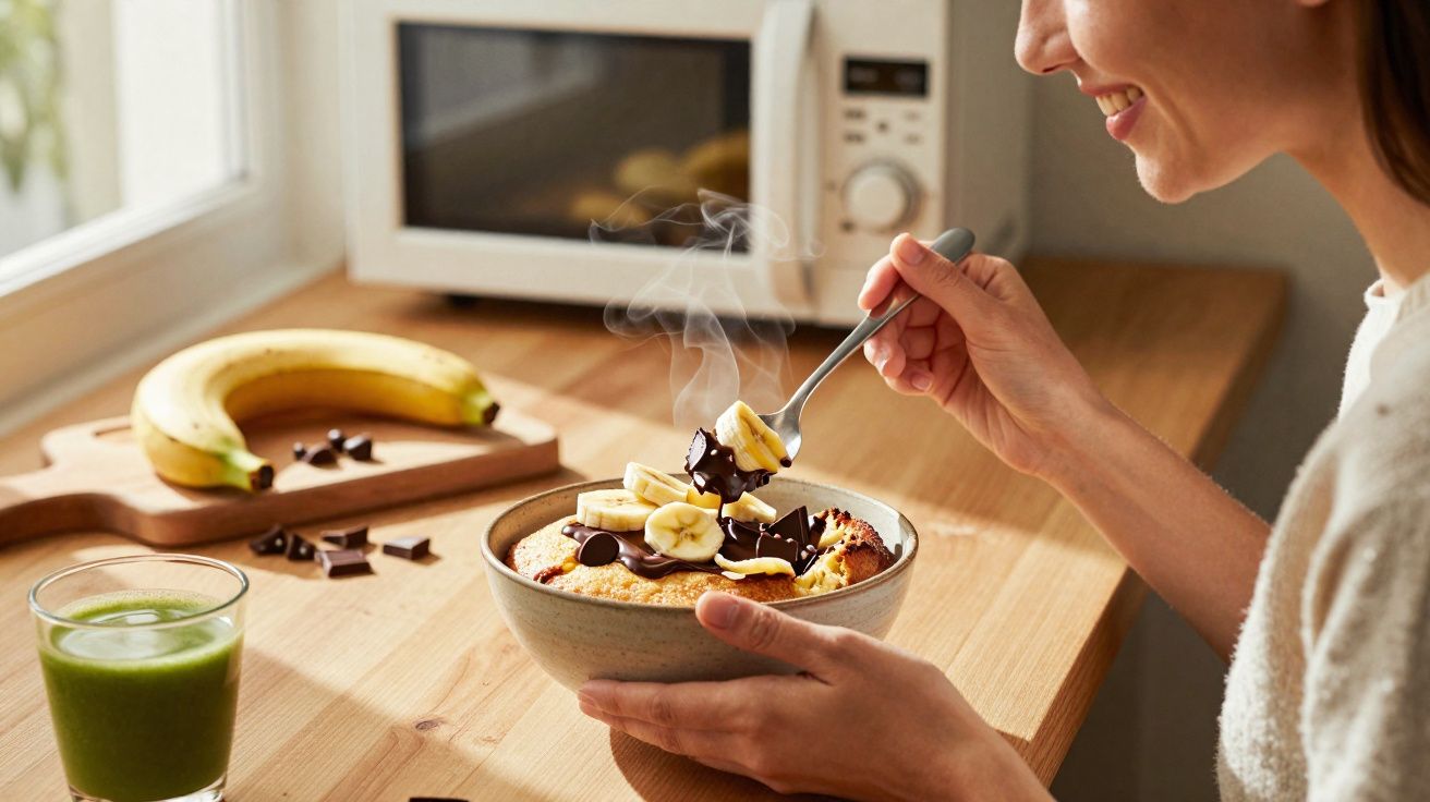 Pessoa segurando tigela com mingau quente, banana fatiada e pedaços de chocolate na cozinha.