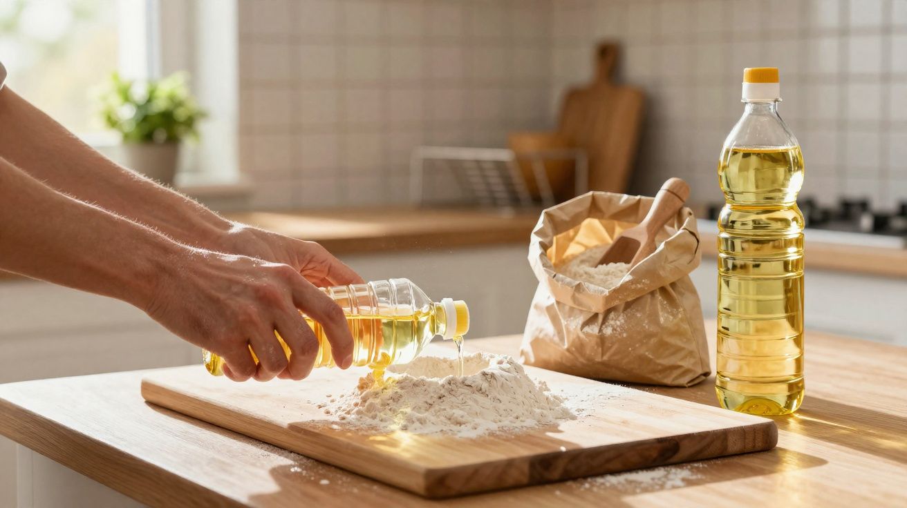 Pessoa derramando óleo em farinha sobre tábua de madeira na cozinha iluminada pela luz natural.