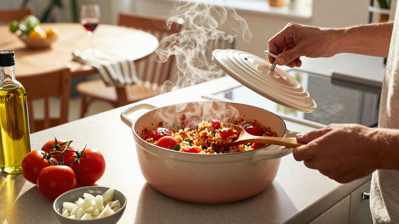 Pote com arroz e tomates frescos, vapor saindo, em cozinha iluminada, mãos segurando tampa e colher.