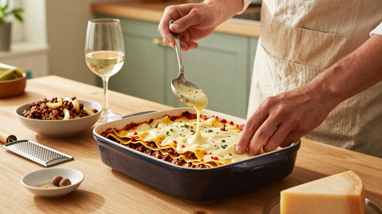 Pessoa cobrindo lasanha com molho branco em assadeira na cozinha, ao lado de taça de vinho e temperos.