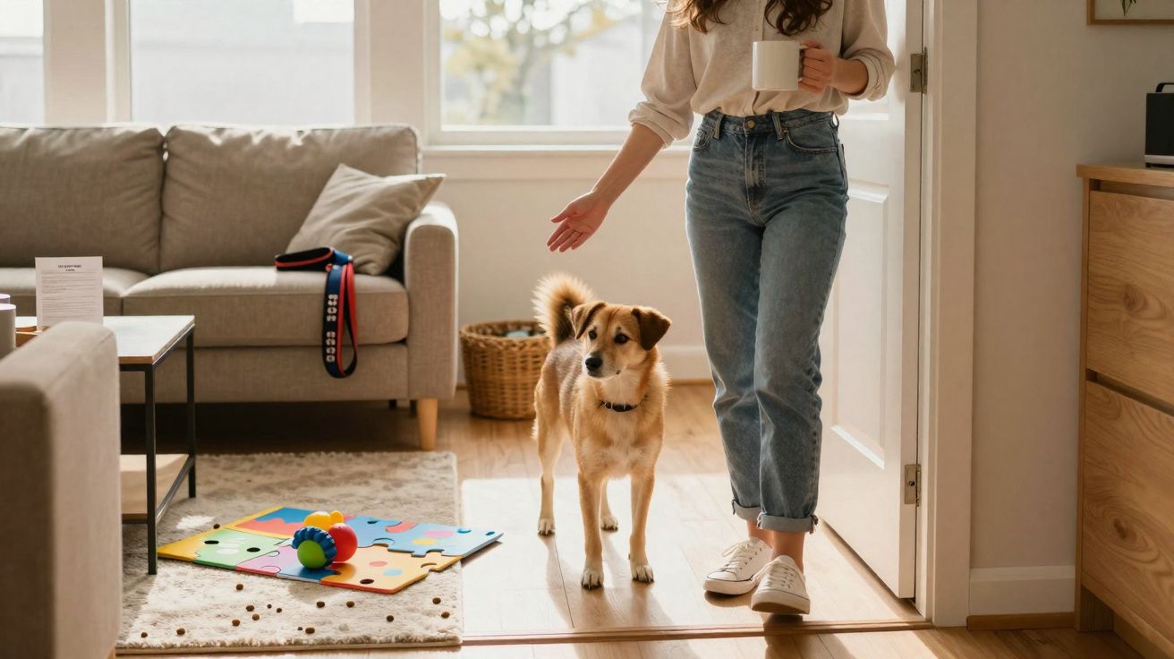 Mulher com caneca na mão acaricia cachorro em sala de estar com sofá e tapete colorido no chão.