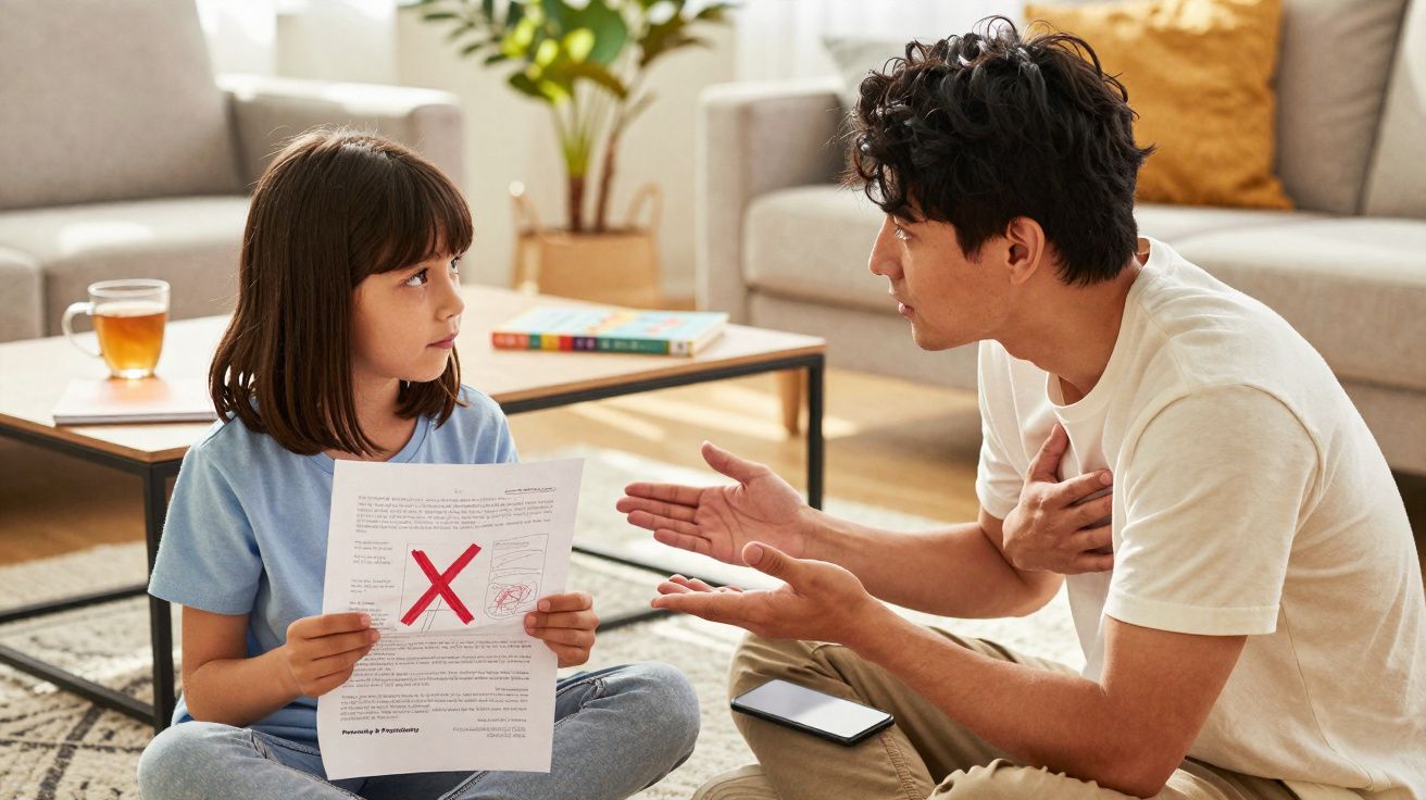 Criança segurando papel com X vermelho olhando para adulto que conversa com ela em sala.