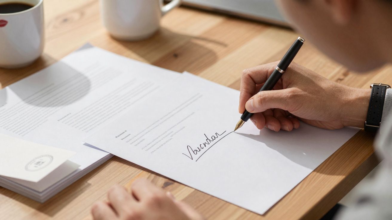 Pessoa assinando documento sobre mesa de madeira com caneta preta e xícara de café ao lado.