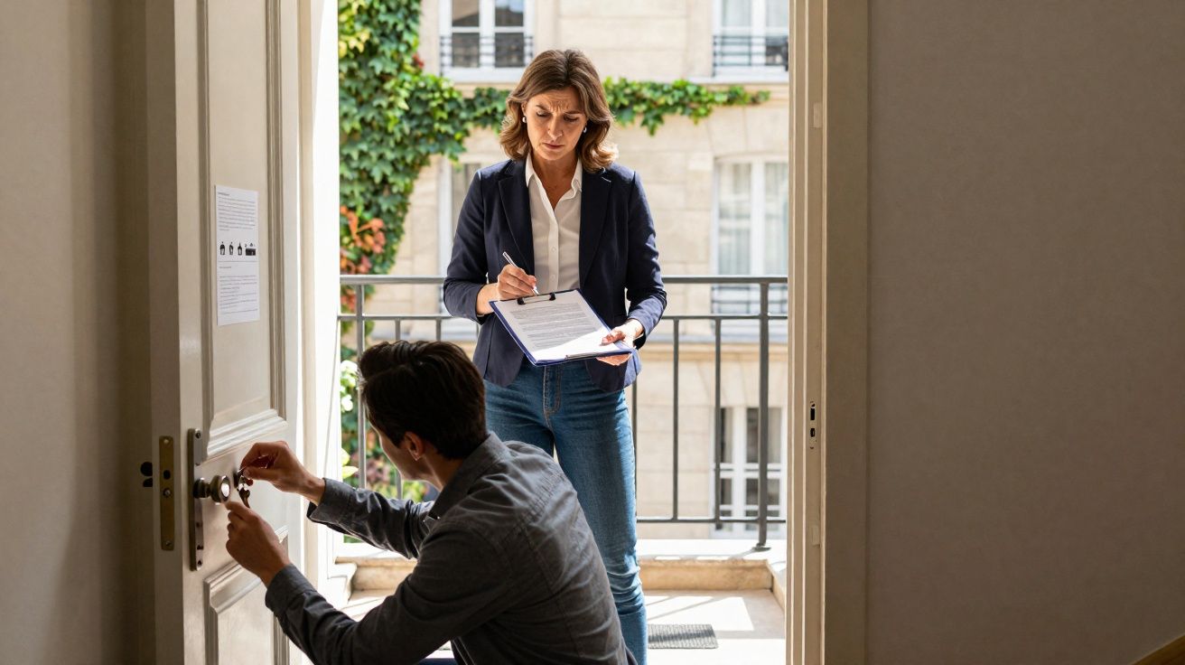 Homem consertando fechadura de porta enquanto mulher observa e faz anotações com prancheta.