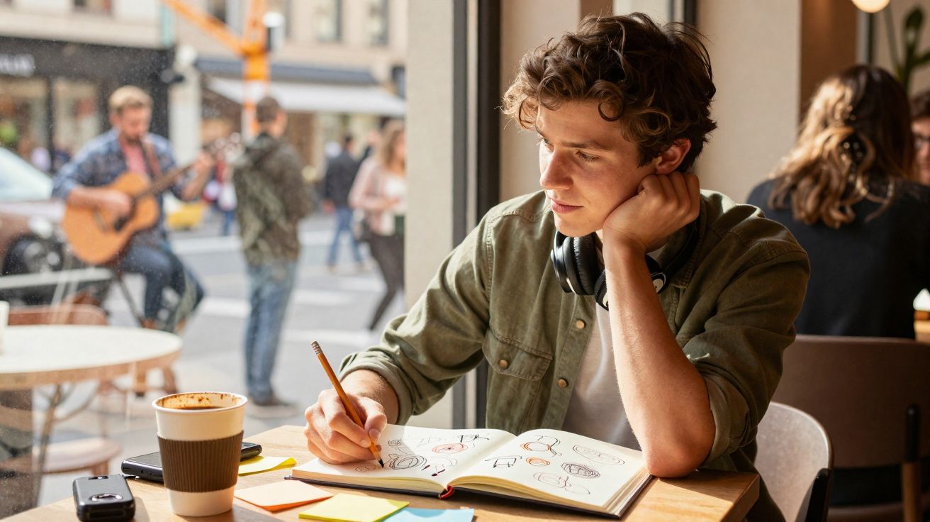 Jovem desenhando em caderno com café na mesa em cafeteria com músicos ao fundo.
