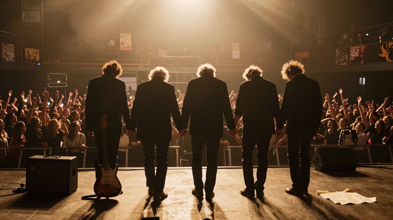 Banda de rock de costas de mãos dadas no palco, com público animado e luzes brilhantes ao fundo.