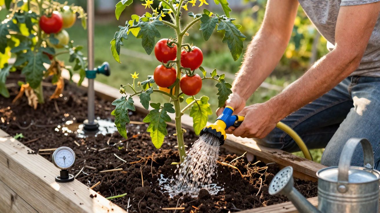 Pessoa regando planta de tomate com regador em canteiro de madeira em jardim ensolarado.