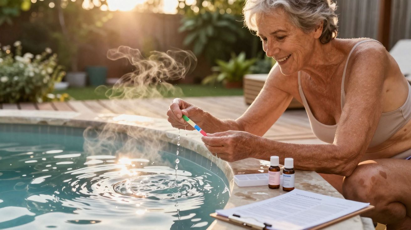 Mulher idosa testando o pH da água da piscina em área externa ensolarada.