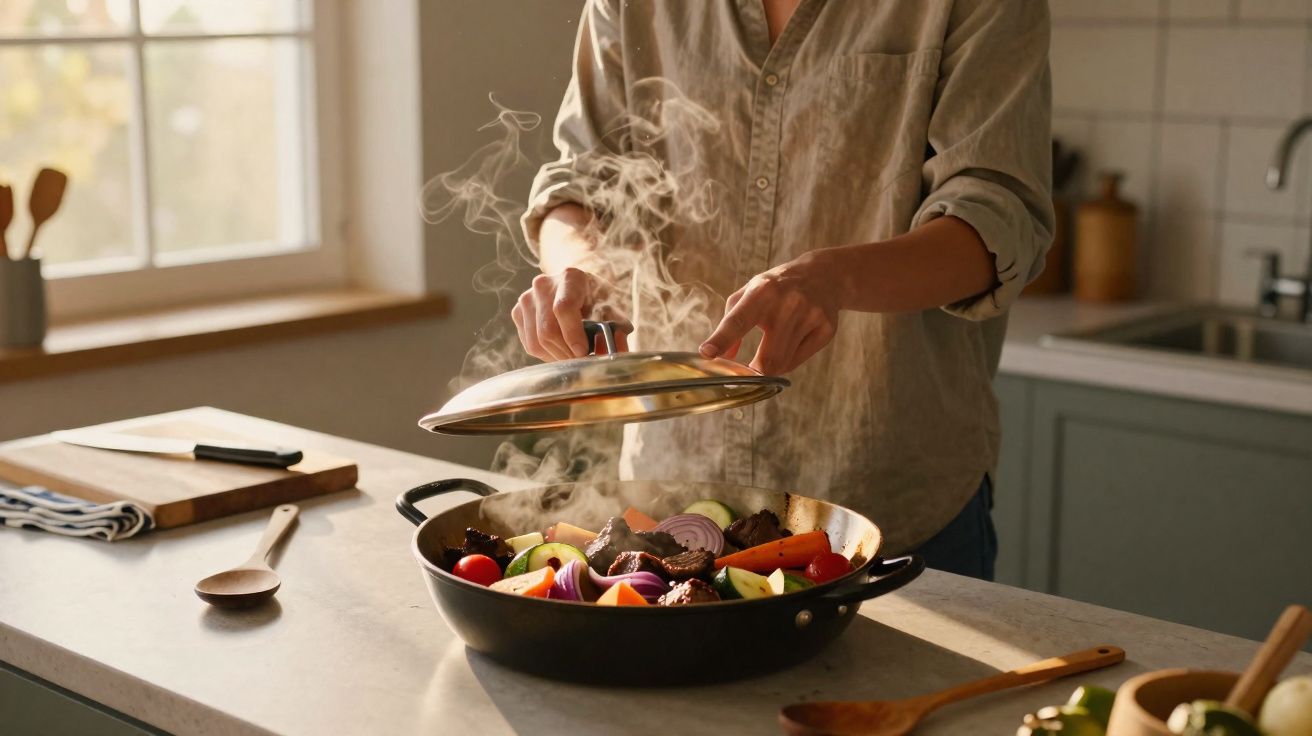 Pessoa abrindo tampa de panela com legumes e carne cozinhando na cozinha iluminada pela luz natural