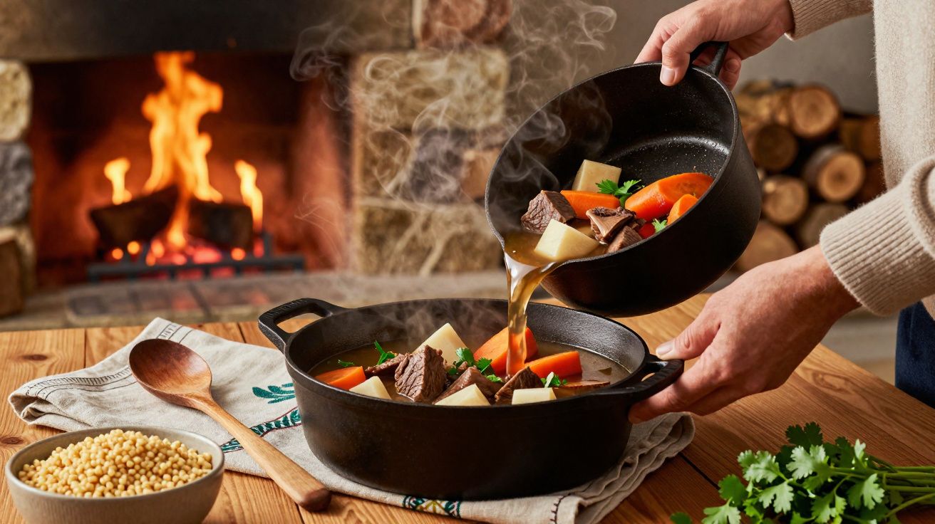 Pessoa servindo sopa quente com carne, legumes e caldo em cozinha rústica com lareira acesa ao fundo.