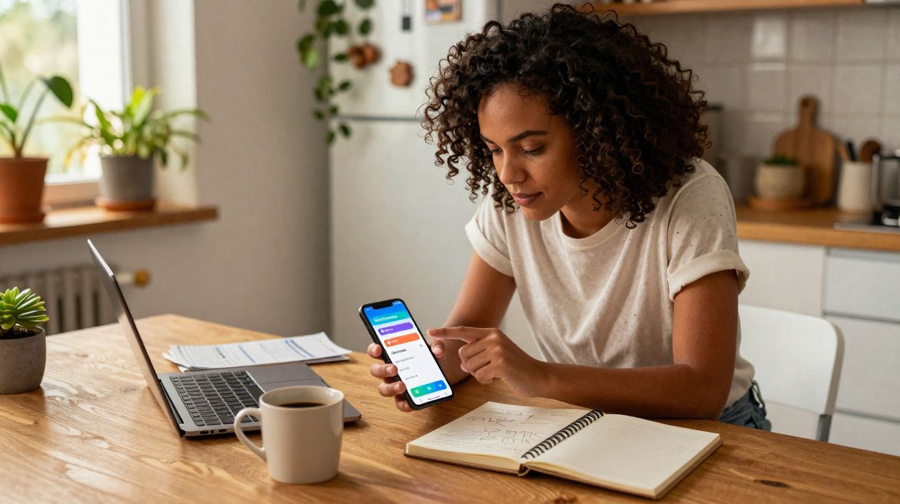 Mulher sentada à mesa com smartphone, notebook, caderno e caneca, em ambiente doméstico.