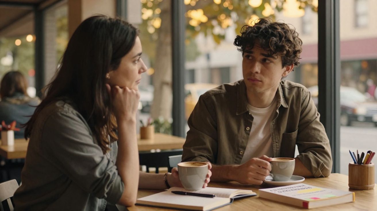 Dois jovens sentados em café, conversando, com livros, cadernos e xícaras de café na mesa à luz do dia.