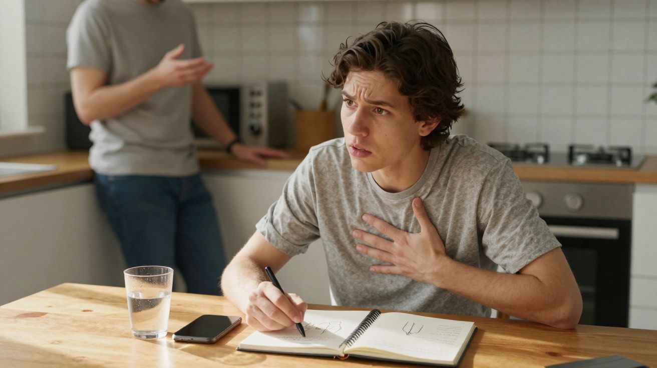 Jovem preocupado escrevendo em caderno enquanto pessoa ao fundo conversa na cozinha.