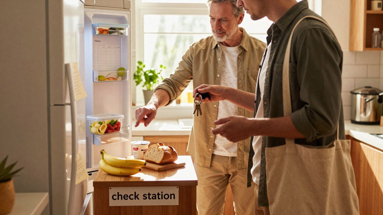 Homem mais velho e mais jovem juntos na cozinha, verificando alimentos em estação de checagem.