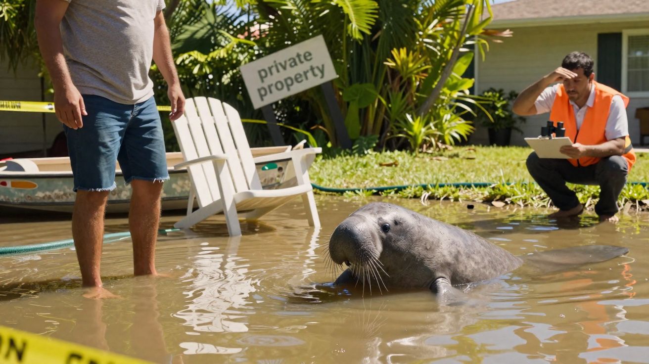 Peixe-boi em área alagada de propriedade privada sendo observado por dois homens, um em colete laranja, outro com bermuda azu